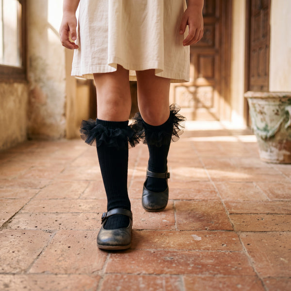 Girl Black High Socks with Gathered Tulle Strap — view 2 — handcrafted in Spain — AGÜ Baby