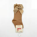 Girl Camel High Socks with Side Bow — view 3 — handcrafted in Spain — AGÜ Baby — view 3