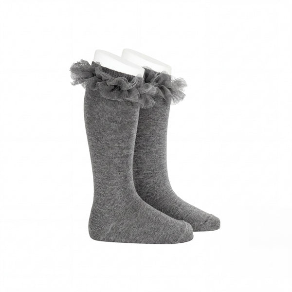 Girl Gray High Socks with Gathered Tulle Strap — AGÜ Baby Spanish baby clothes