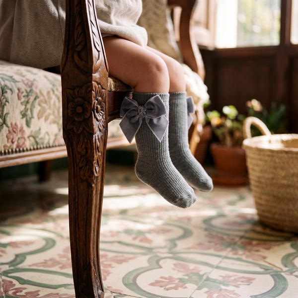 Girl Gray High Socks with Side Velvet Bow — view 2 — handcrafted in Spain — AGÜ Baby