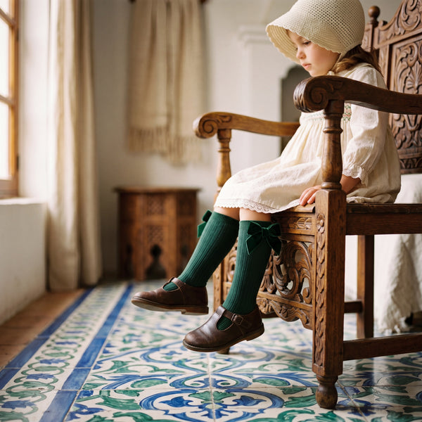 Girl Green High Socks with Side Velvet Bow — view 2 — handcrafted in Spain — AGÜ Baby