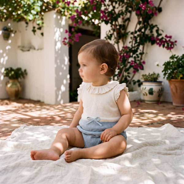 Girl Light Blue Picota Romper — view 2 — handcrafted in Spain — AGÜ Baby