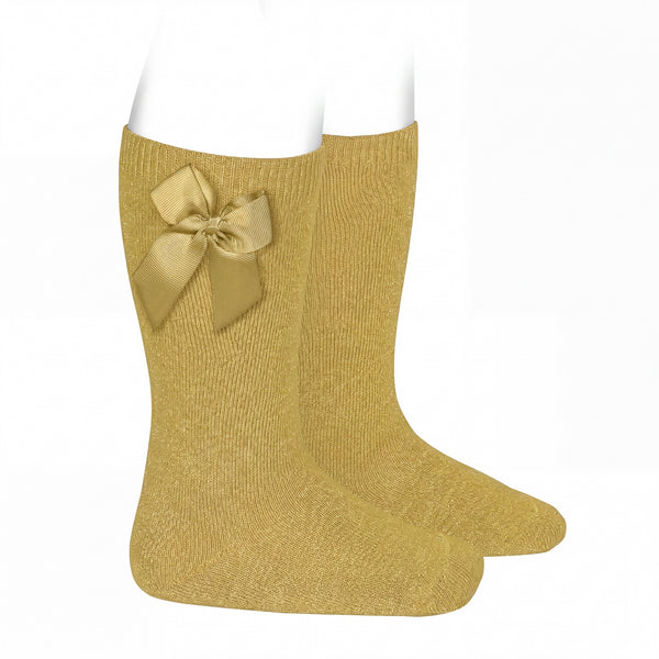 Girl Light Mustard High Socks with Side Bow — AGÜ Baby Spanish baby clothes