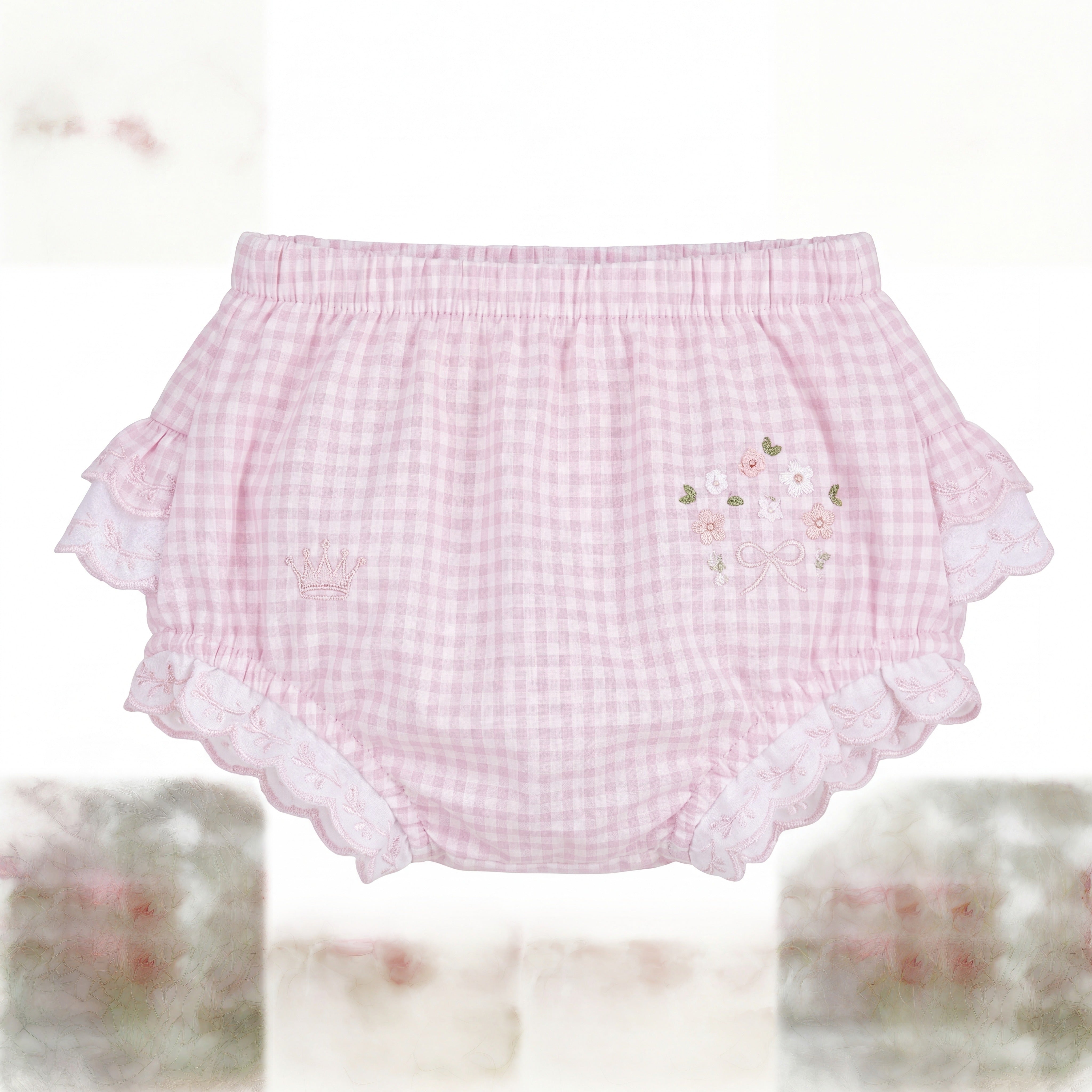 Girl Light Pink Vichy Ruffle Bloomer — view 2 — handcrafted in Spain — AGÜ Baby