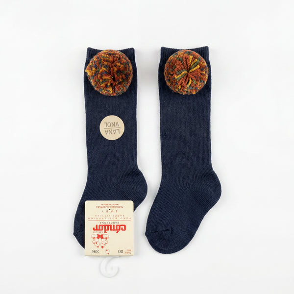 Girl Navy Blue High Socks with Borlones — AGÜ Baby Spanish baby clothes