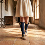 Girl Navy Blue High Socks with Borlones — view 2 — handcrafted in Spain — AGÜ Baby