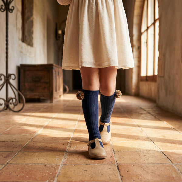 Girl Navy Blue High Socks with Borlones — view 2 — handcrafted in Spain — AGÜ Baby