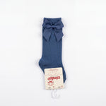 Girl Navy Blue High Socks with Side Bow — view 3 — handcrafted in Spain — AGÜ Baby