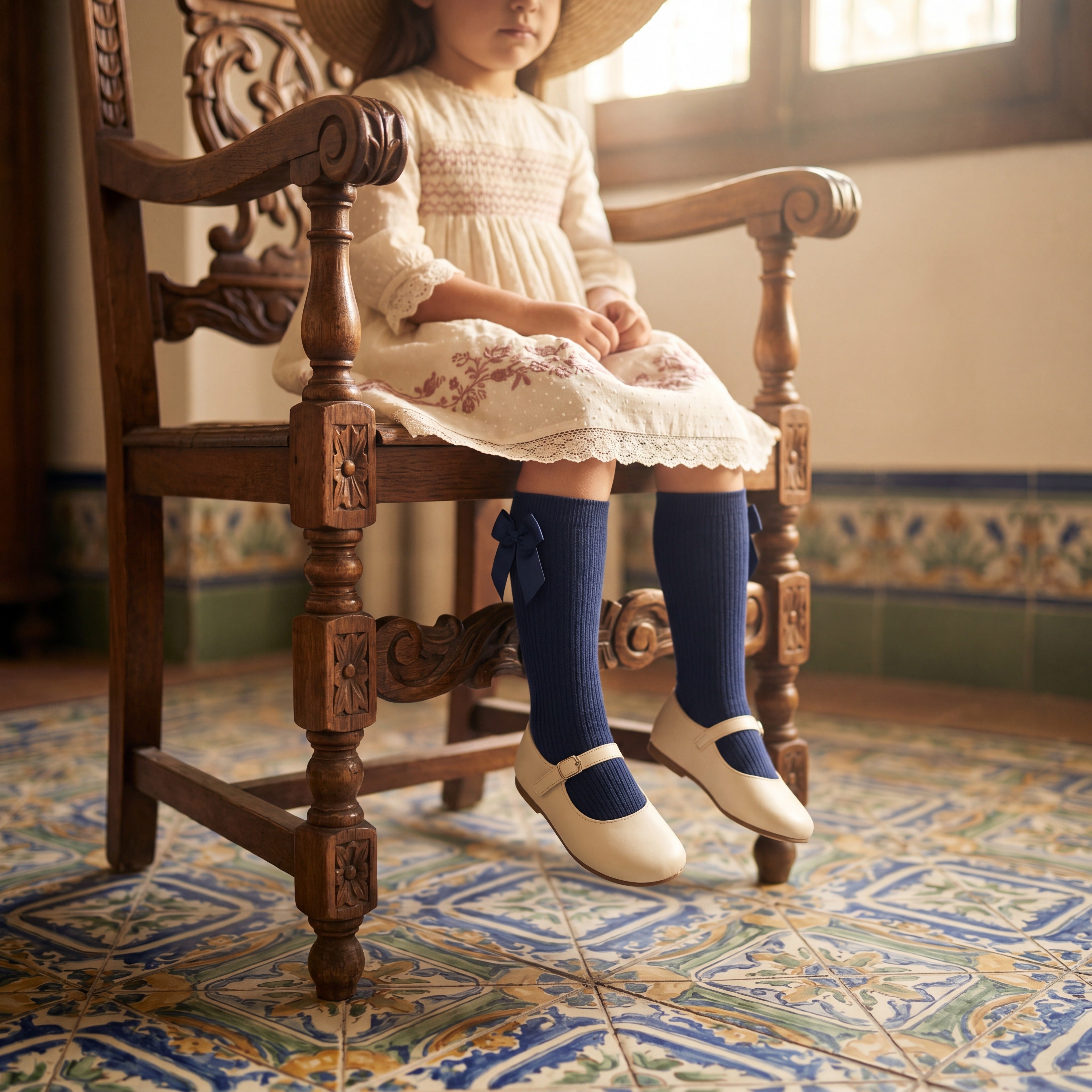 Girl Navy Blue High Socks with Side Bow — view 2 — handcrafted in Spain — AGÜ Baby