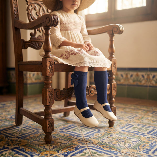 Girl Navy Blue High Socks with Side Bow — view 2 — handcrafted in Spain — AGÜ Baby