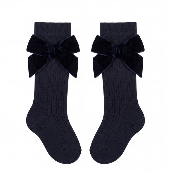 Girl Navy Blue High Socks with Side Velvet Bow — AGÜ Baby Spanish baby clothes