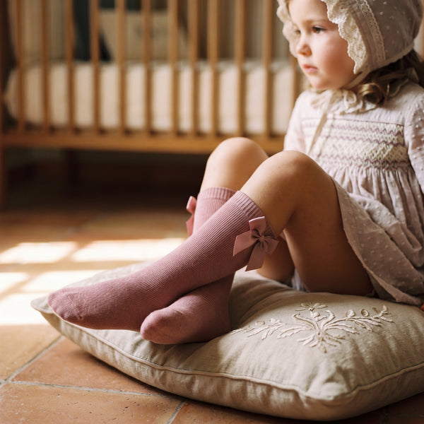 Girl Pink Makeup High Socks with Side Bow — view 2 — handcrafted in Spain — AGÜ Baby