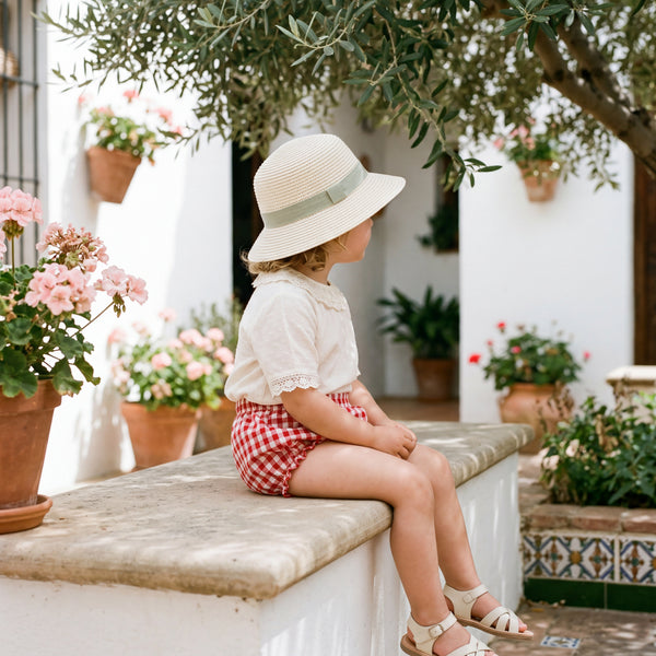 Girl Red Vichy Ruffle Bloomer — view 2 — handcrafted in Spain — AGÜ Baby