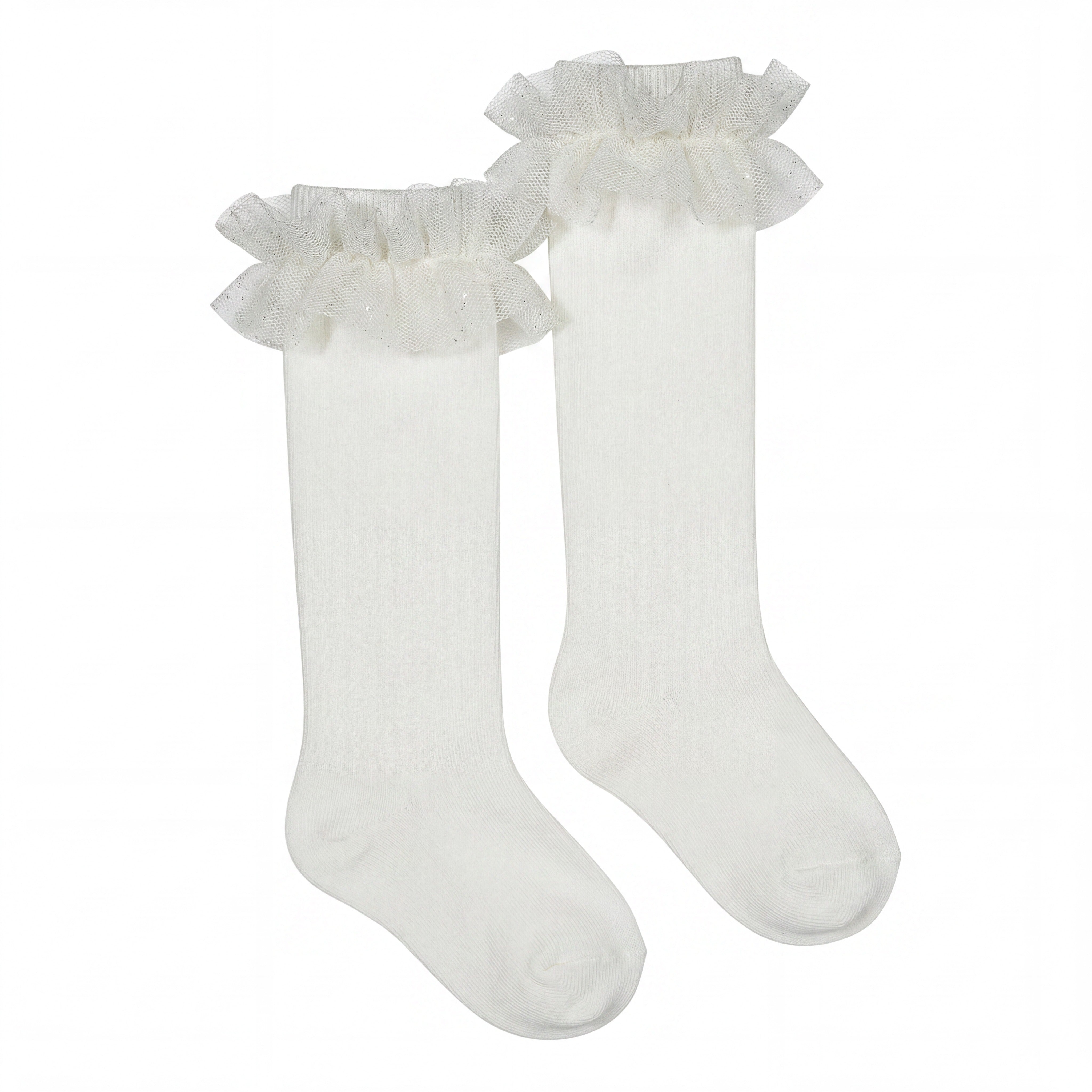 Girl White High Socks with Gathered Tulle Strap — AGÜ Baby Spanish baby clothes