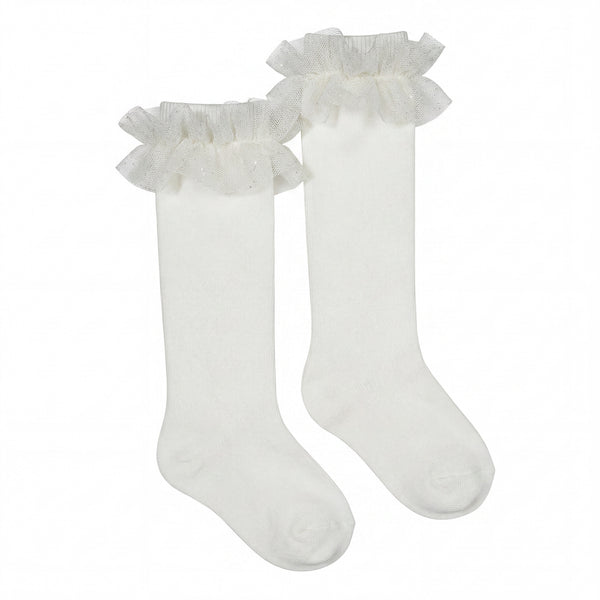 Girl White High Socks with Gathered Tulle Strap — AGÜ Baby Spanish baby clothes