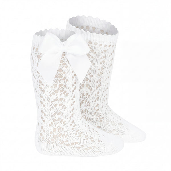Girl White Openwork High Socks with Bow — AGÜ Baby Spanish baby clothes