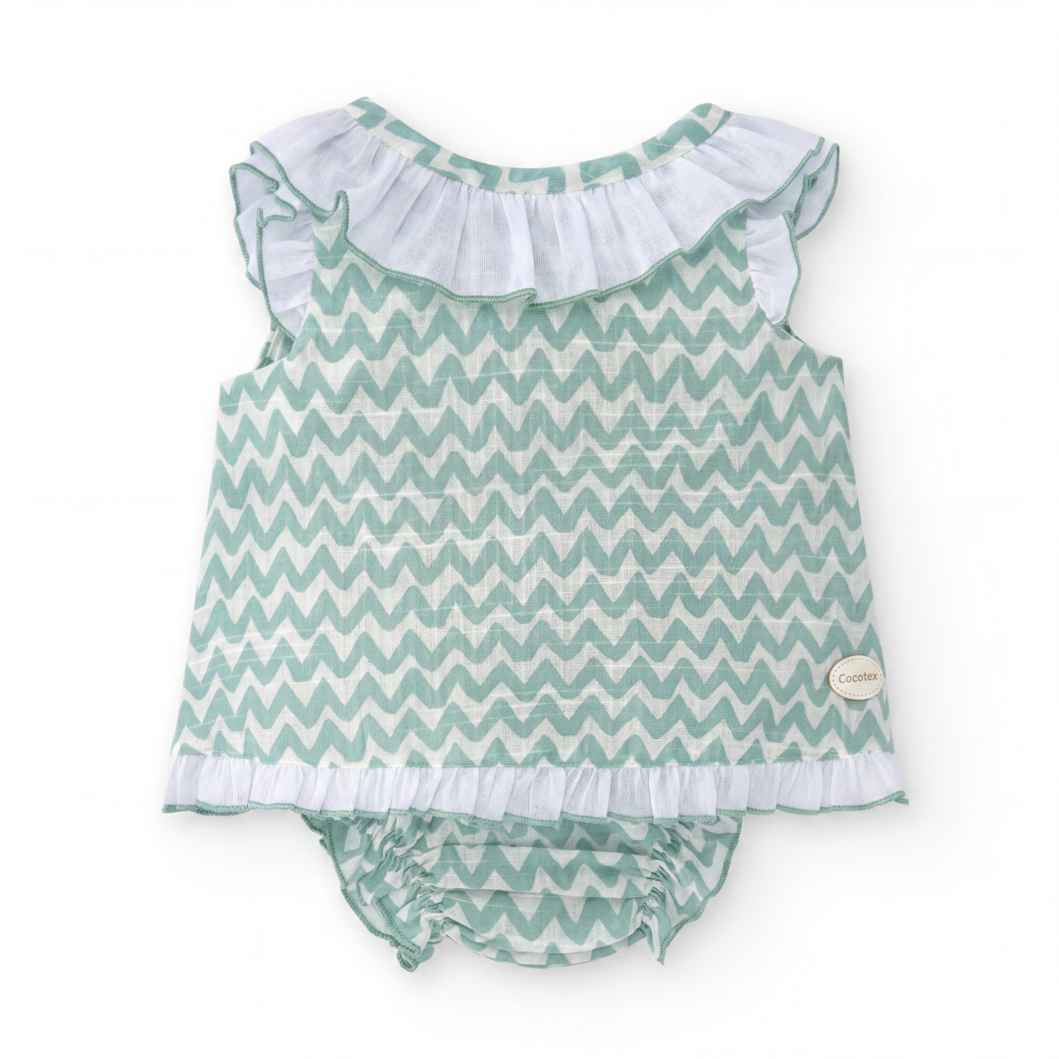 Girls Aquamarine Zig Zag Blouse & Bloomers — view 3 — handcrafted in Spain — AGÜ Baby