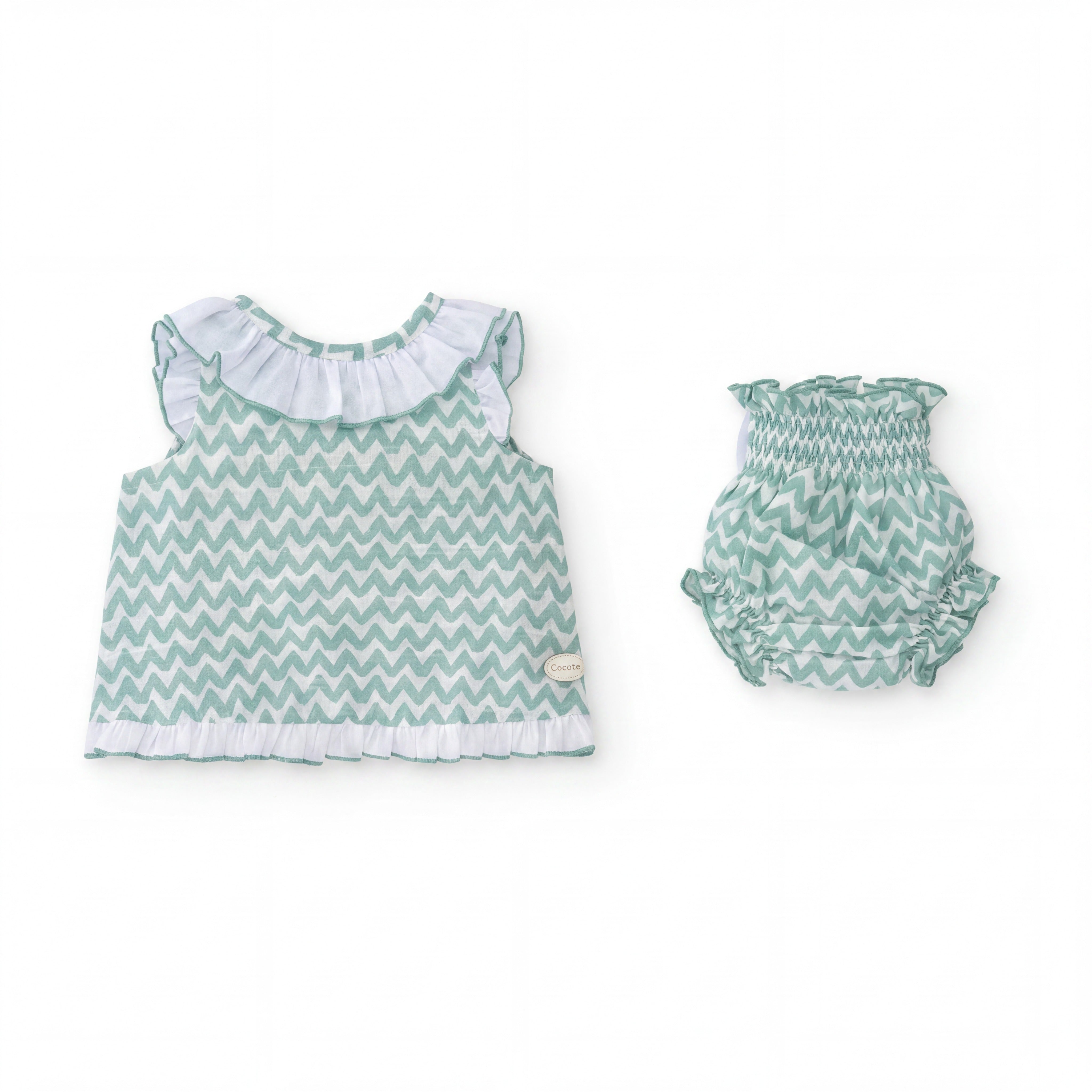 Girls Aquamarine Zig Zag Blouse & Bloomers — view 5 — handcrafted in Spain — AGÜ Baby