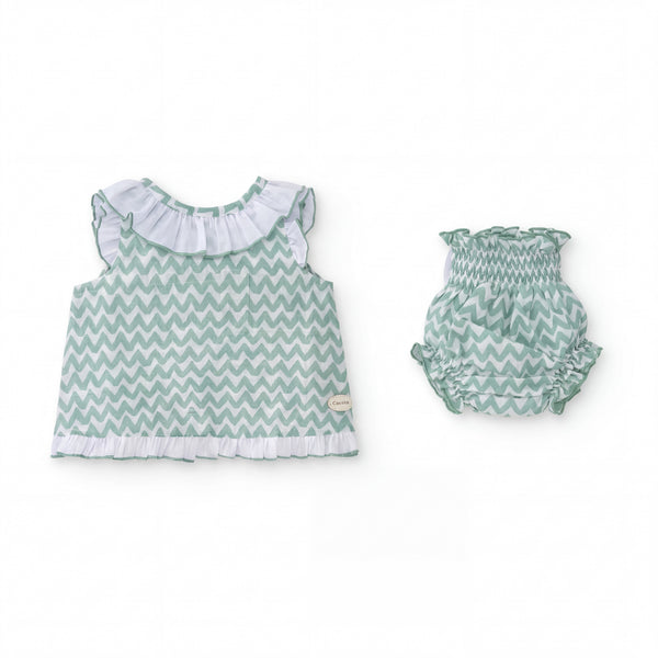 Girls Aquamarine Zig Zag Blouse & Bloomers — view 6 — handcrafted in Spain — AGÜ Baby