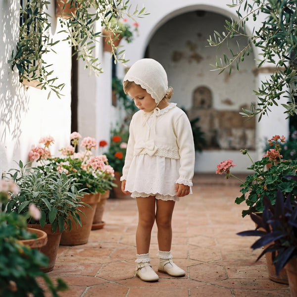 Girls Beige Cropped Cardigan and Socks — view 2 — handcrafted in Spain — AGÜ Baby