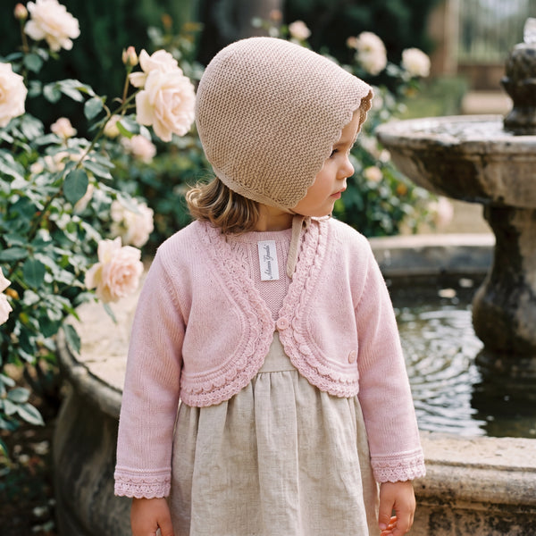 Girls Beige Cropped Cardigan — view 2 — handcrafted in Spain — AGÜ Baby