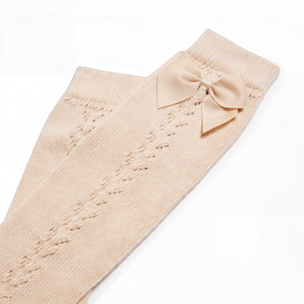 Girls Camel Perforated High Socks with Bow — AGÜ Baby Spanish baby clothes
