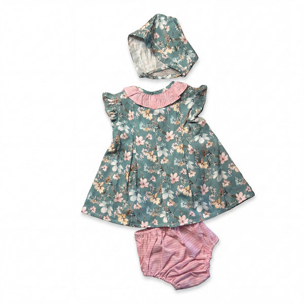 Girls Green and Light Pink Floral Dress - Bloomers - Bonnet — AGÜ Baby Spanish baby clothes