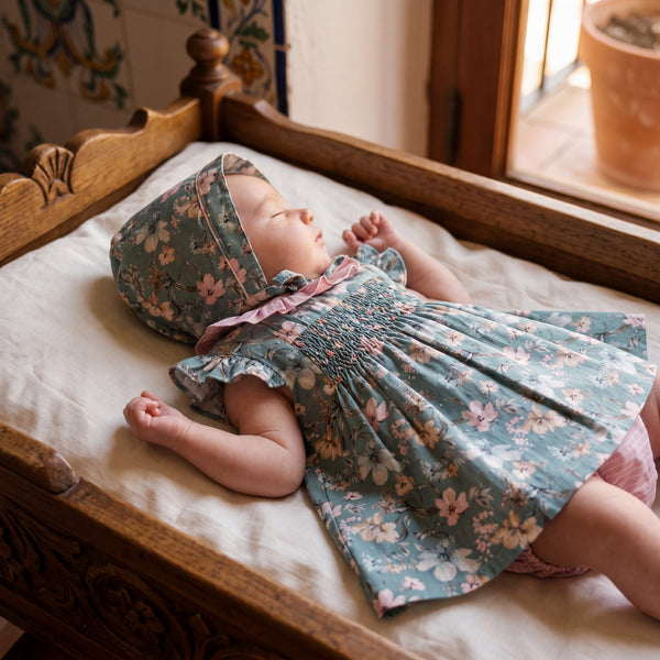 Girls Green and Light Pink Floral Dress - Bloomers - Bonnet — view 2 — handcrafted in Spain — AGÜ Baby