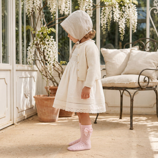 Girls Light Pink Perforated Socks with Bow — view 2 — handcrafted in Spain — AGÜ Baby