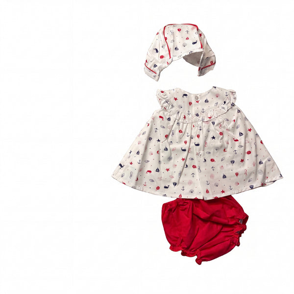 Girls Sailing Pattern White and Red Dress - Bloomers - Bonnet — AGU Baby Spanish baby clothes