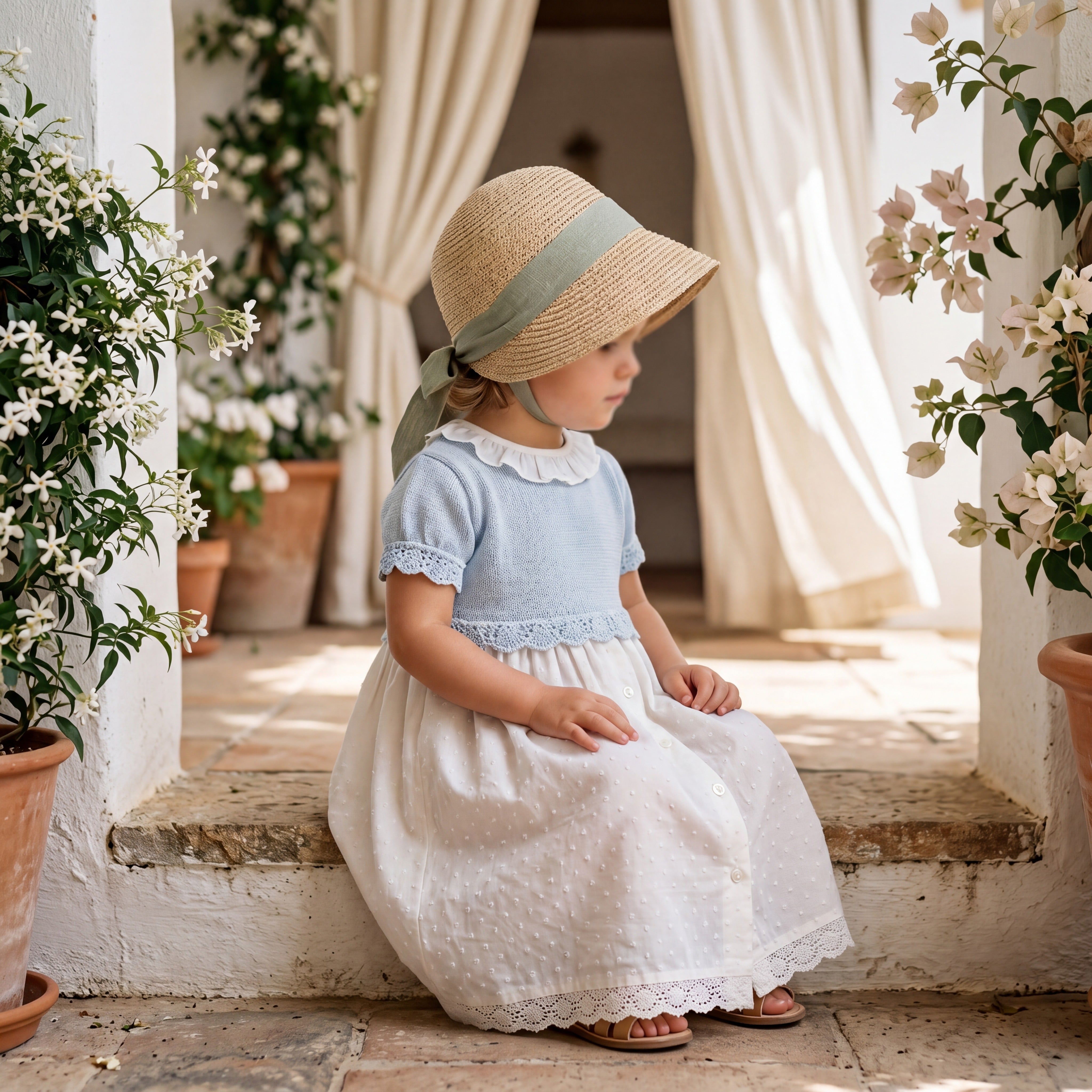 Girls White and Light Blue Plumeti Dress with Collar — view 2 — handcrafted in Spain — AGÜ Baby