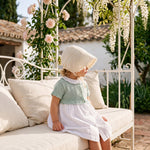 Girls White and Light Green Plumeti Dress with Collar — view 2 — handcrafted in Spain — AGÜ Baby