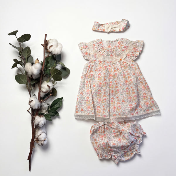 Girls White and Orange Lace Floral Dress - Bloomers - Head Bow — AGU Baby Spanish baby clothes