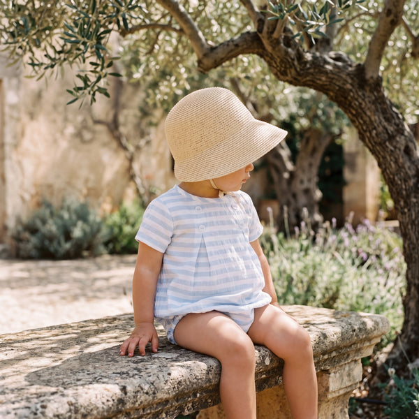 Light Blue and White Stripes Romper — view 2 — handcrafted in Spain — AGÜ Baby
