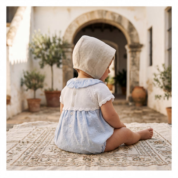 Light Blue Knitted Plumeti with Collar Romper — view 2 — handcrafted in Spain — AGÜ Baby
