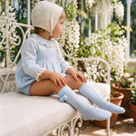 Light Blue Perforated Socks with Borlones — view 2 — handcrafted in Spain — AGÜ Baby