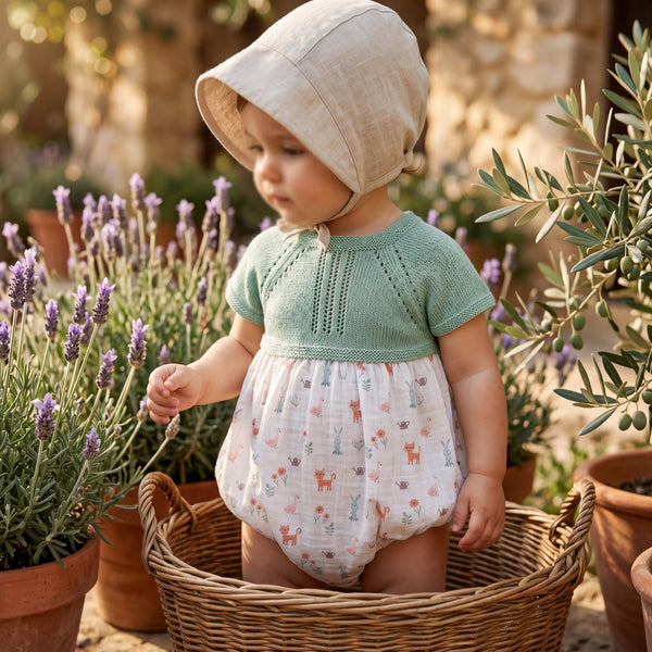 Light Green Printed Romper — view 2 — handcrafted in Spain — AGÜ Baby