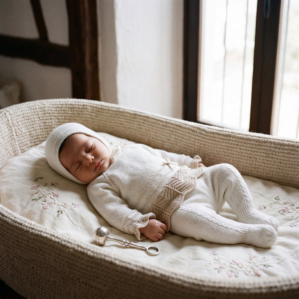 Newborn Light Blue with Camel Lace Bow Set — view 2 — handcrafted in Spain — AGÜ Baby
