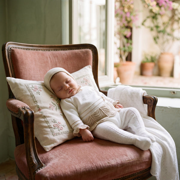 Newborn Vanilla with Camel Lace Bow Set — view 2 — handcrafted in Spain — AGÜ Baby