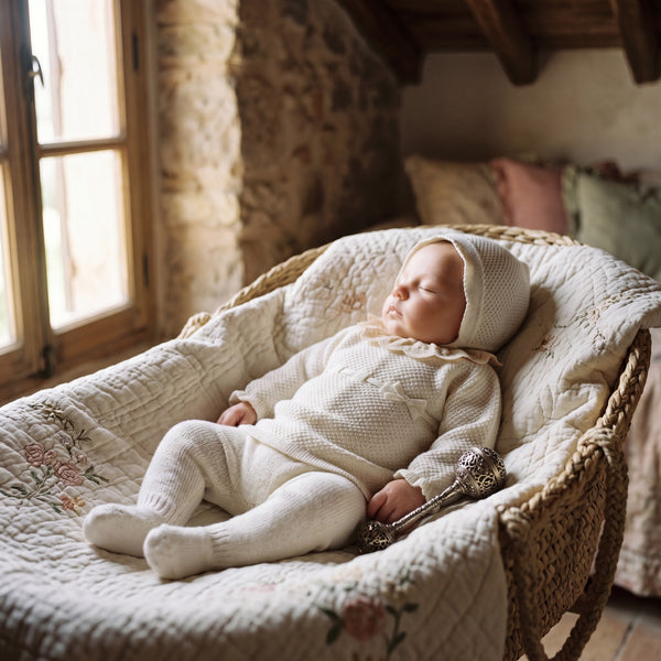 Newborn White with Beige Lace Bow Set 3 Pieces — view 2 — handcrafted in Spain — AGÜ Baby