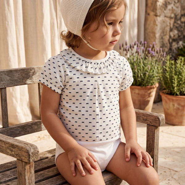Short Sleeve Plumeti White and Navy Blue Body — view 2 — handcrafted in Spain — AGÜ Baby