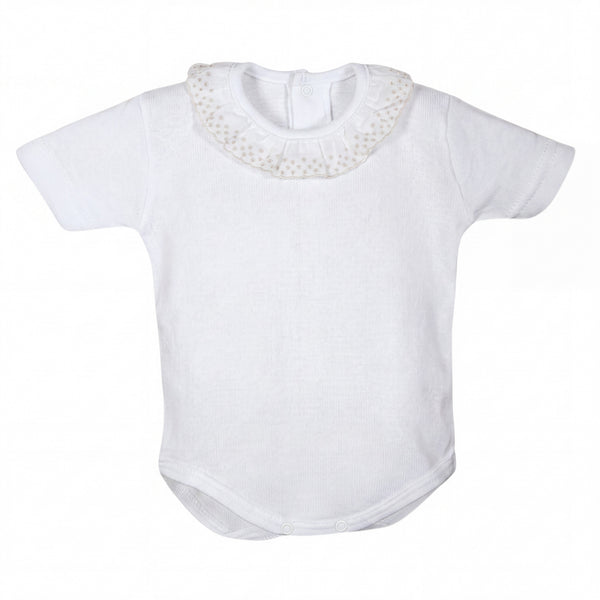 White and Gray Collar Short Sleeve Bodysuit — AGÜ Baby Spanish baby clothes