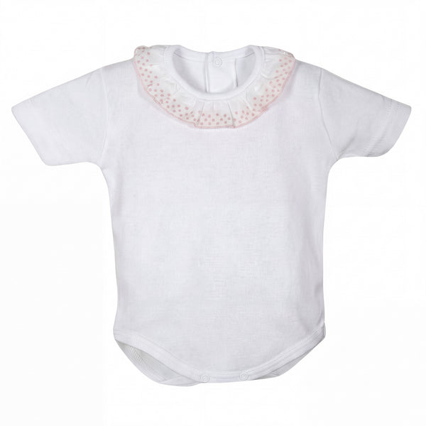 White and Light Pink Collar Short Sleeve Bodysuit — view 4 — handcrafted in Spain — AGÜ Baby