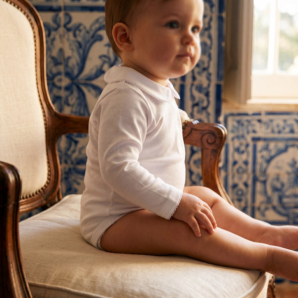 White Body Long Sleeve with Baby Collar — view 2 — handcrafted in Spain — AGÜ Baby